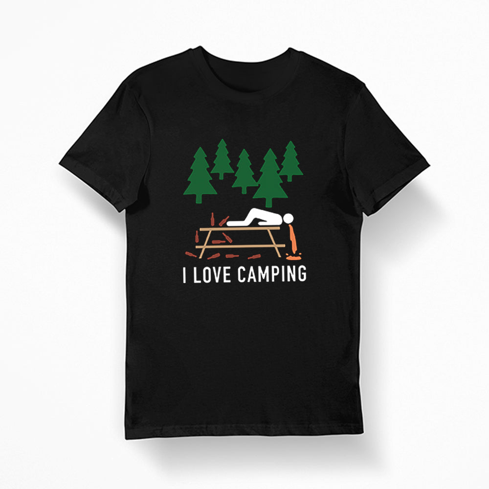 funny t-shirt or guy throwing up at camp, i love camping